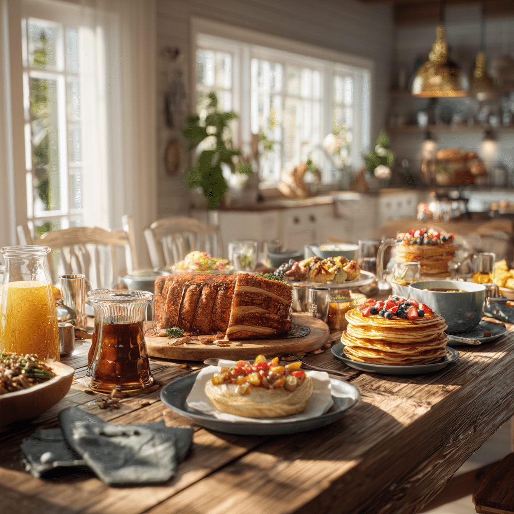 Selection of American food with pancakes, chicken roast, cakes, and juices for all recipes