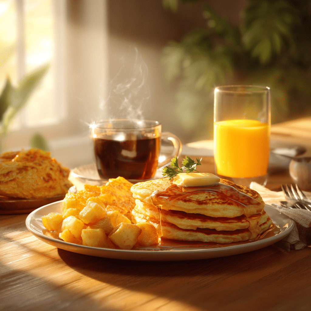 Breakfast plate with pancakes, omelette, and hashbrowns