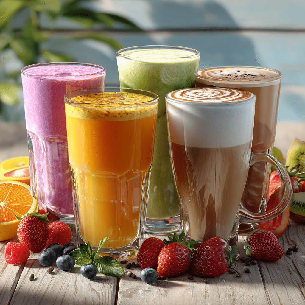 Summer drinks with juices, smoothies, and iced coffee