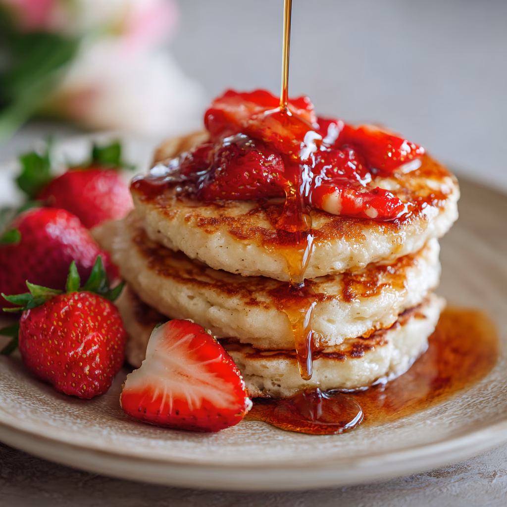 Fluffy Pancakes with Strawberry Maple Syrup