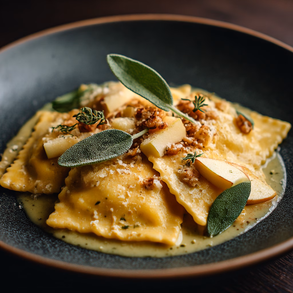 Pumpkin Ravioli with Apple Sage Butter Sauce